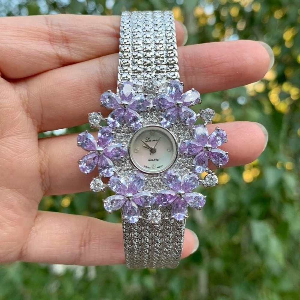 La Mer Silver & purple flower watch with mesh slick band watch y2k Fairy